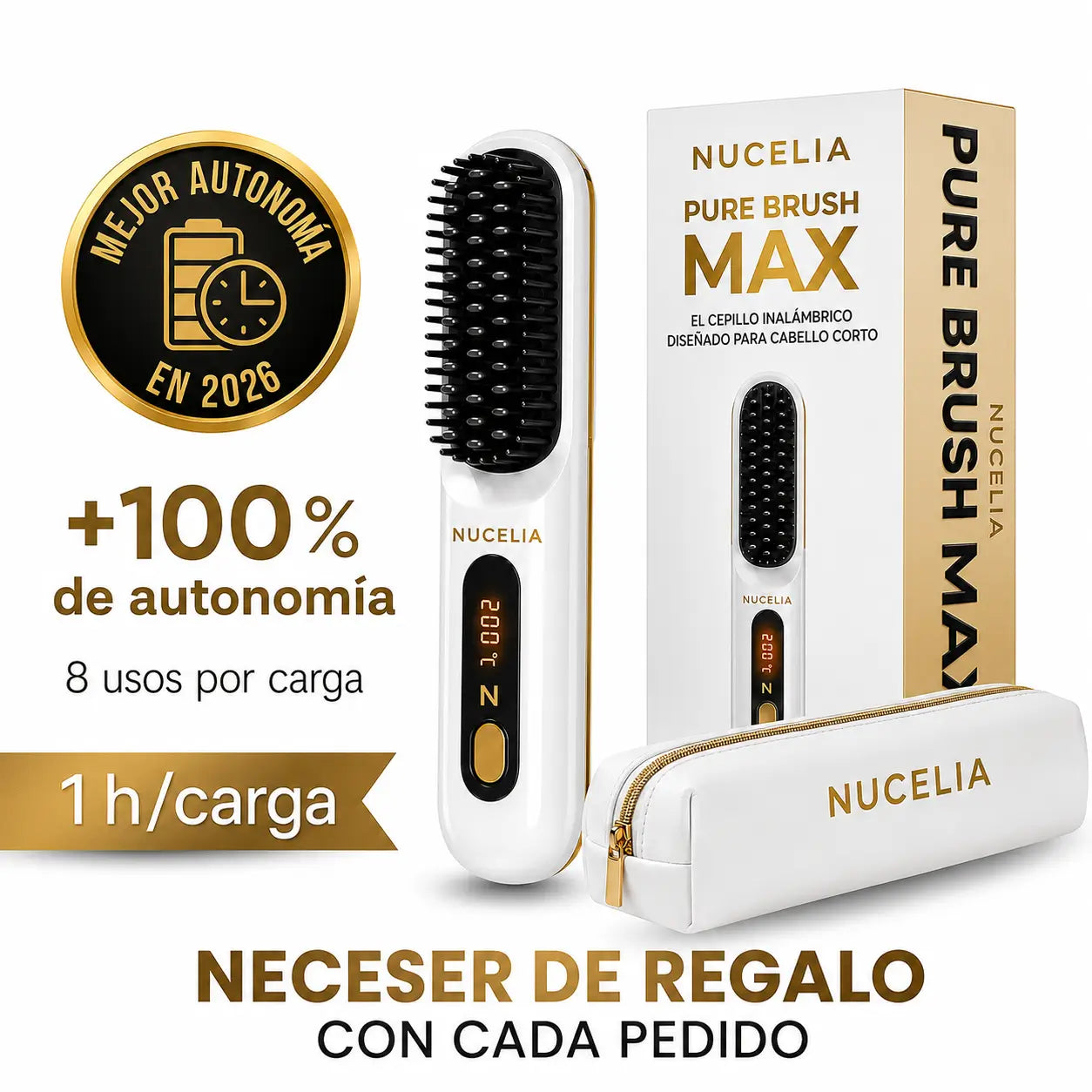 PureBrush MAX — Cepillo alisador inalámbrico Nucelia + Bolsa de viaje de regalo